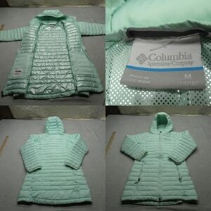 Columbia Jacket Youth Medium Lime Green Hooded Full Zip Omni Heat Quilted Puffer